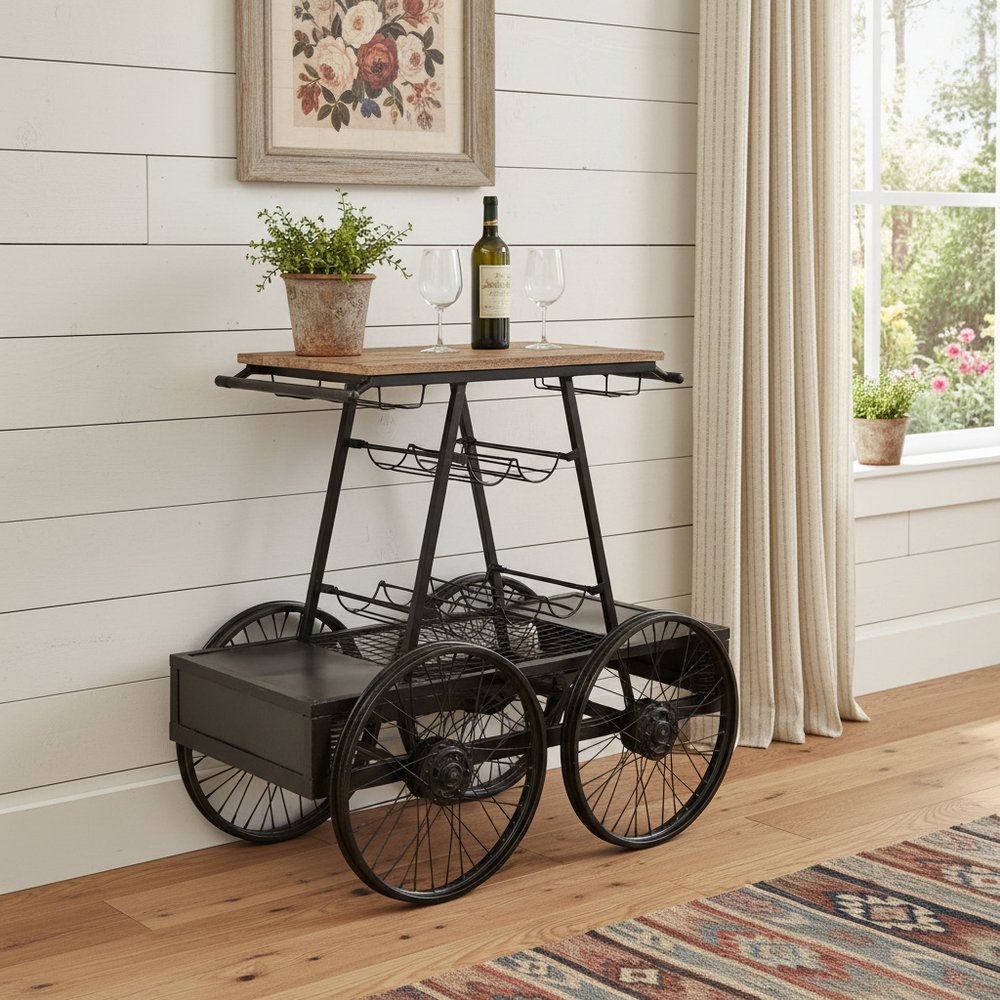 Rustic Black Rail Car Bar Cart