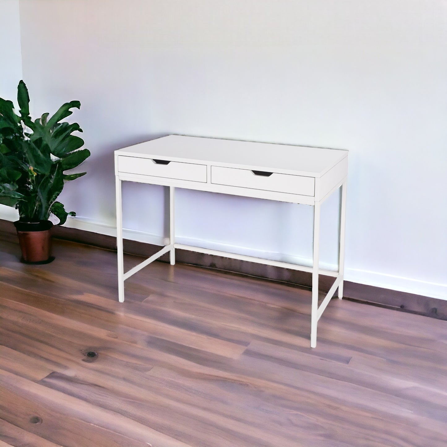 40" White Rubberwood Wood Writing Desk With Two Drawers