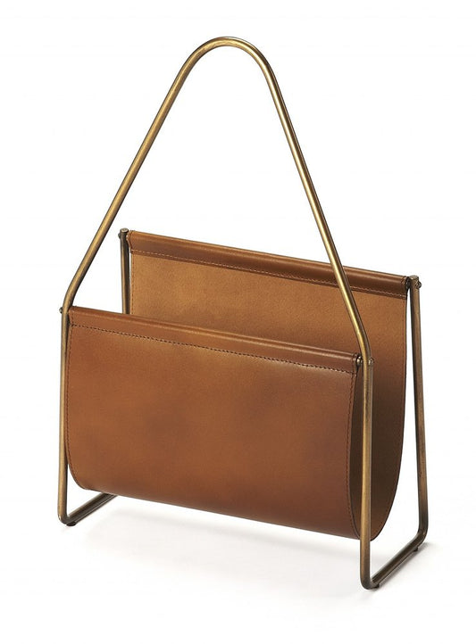 14" Brown And Gold Leather And Metal Magazine Holder