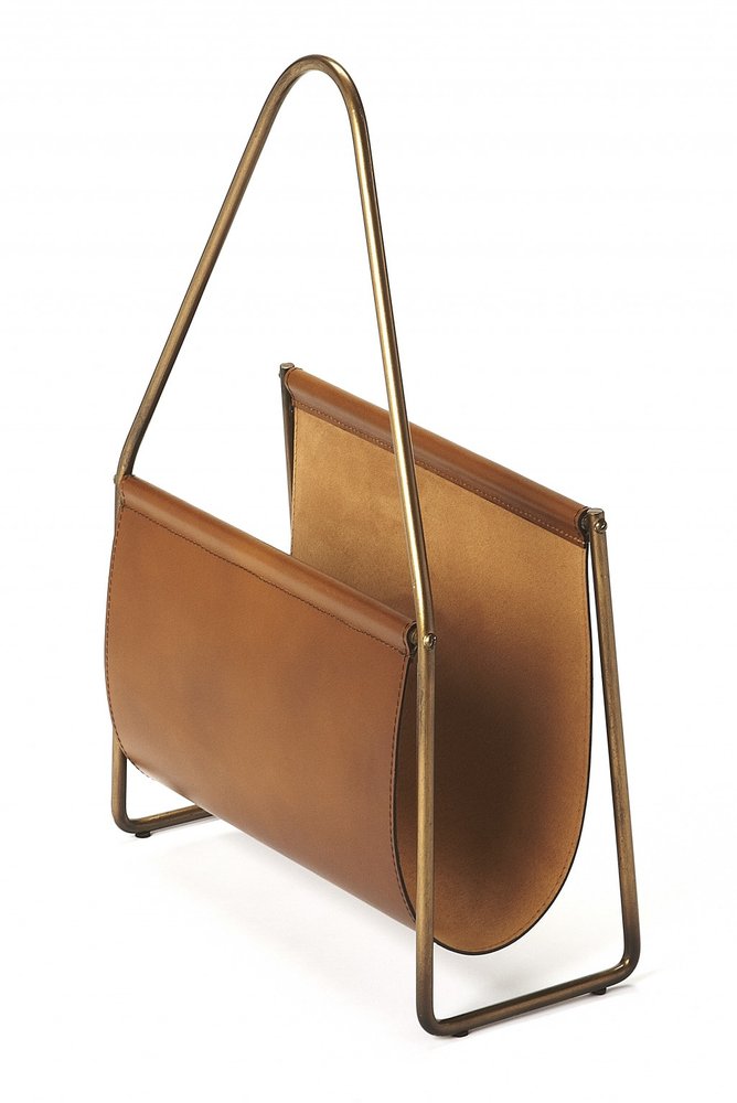 14" Brown And Gold Leather And Metal Magazine Holder