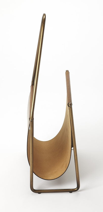 14" Brown And Gold Leather And Metal Magazine Holder