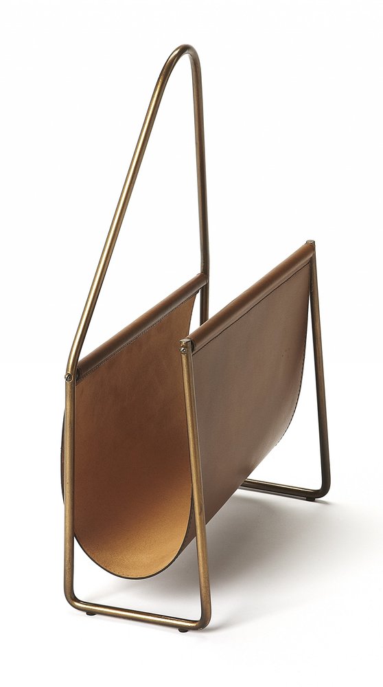 14" Brown And Gold Leather And Metal Magazine Holder