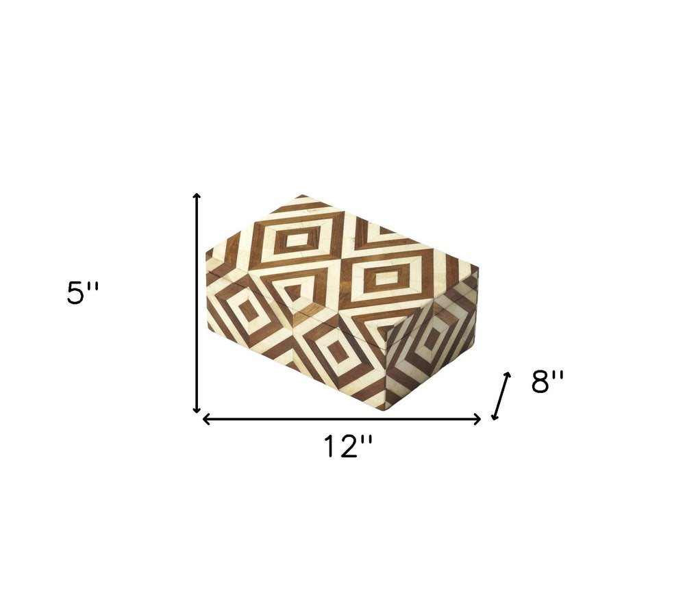 12" Brown And Ivory Wood And Bone Inlaid Geometric Storage Box