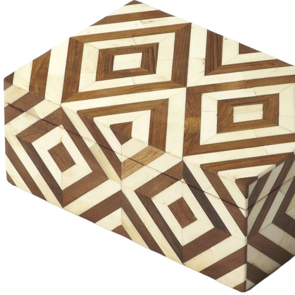 12" Brown And Ivory Wood And Bone Inlaid Geometric Storage Box