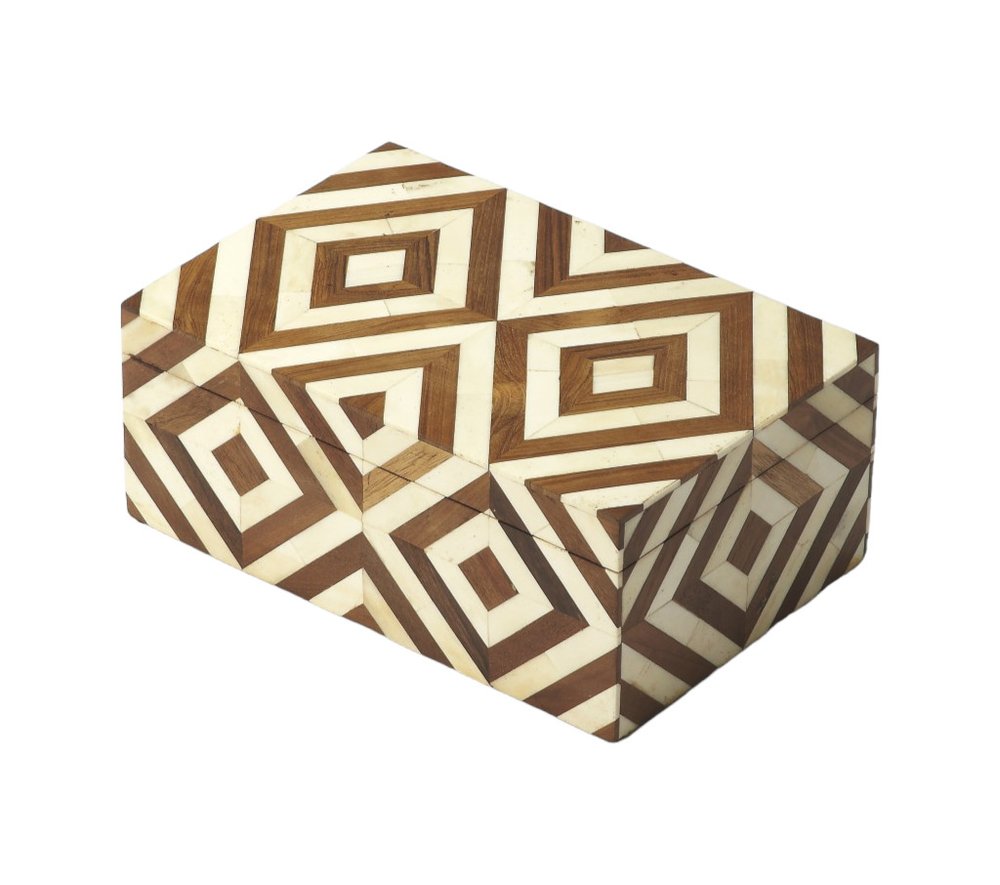 12" Brown And Ivory Bone Inlay And Solid Wood Box With Lid