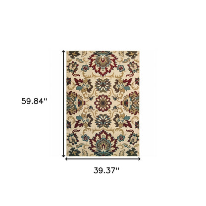 3' X 5' Ivory And Red Floral Vines Area Rug