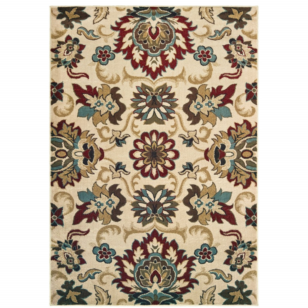 3' X 5' Ivory And Red Floral Vines Area Rug