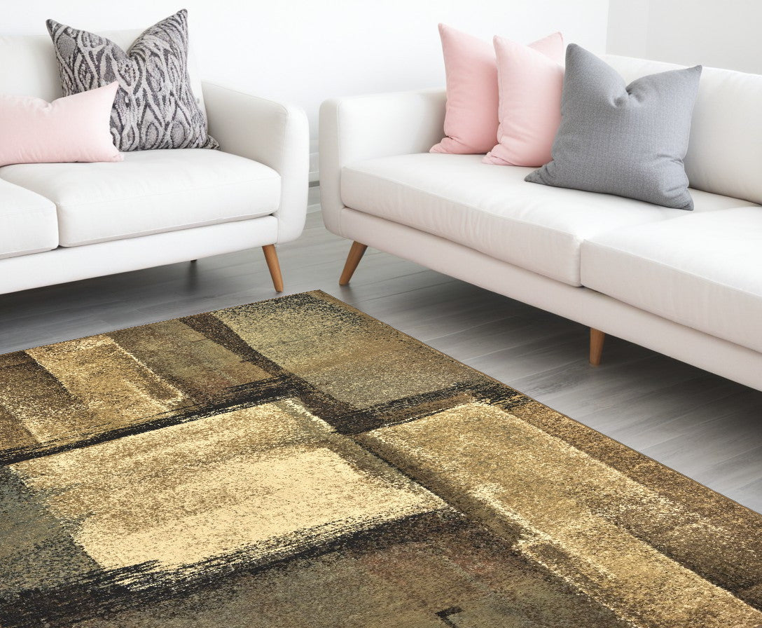 5' X 7' Brown And Beige Distressed Blocks Area Rug