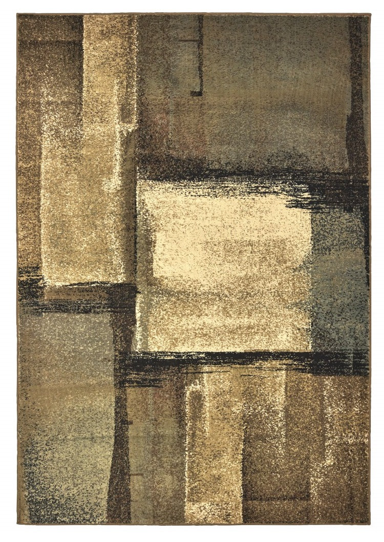 5' X 7' Brown And Beige Distressed Blocks Area Rug