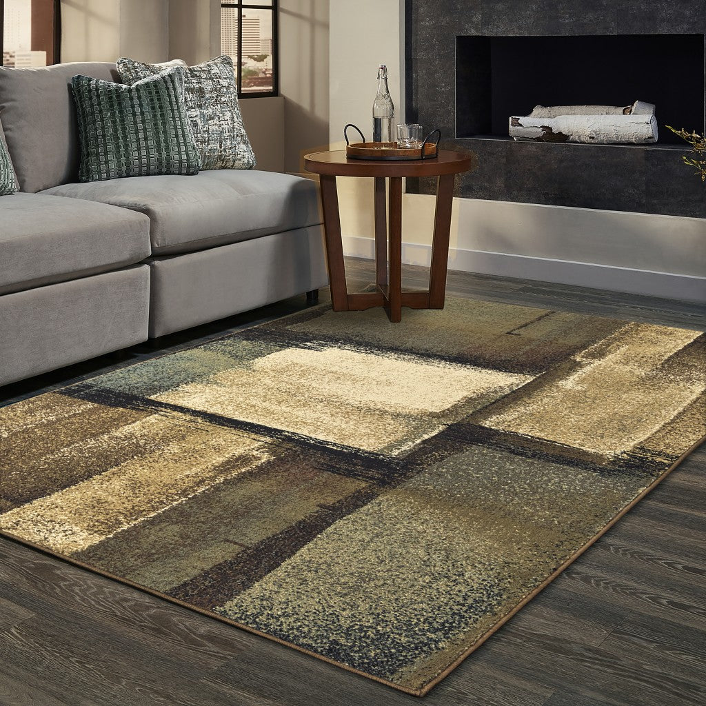 5' X 7' Brown And Beige Distressed Blocks Area Rug