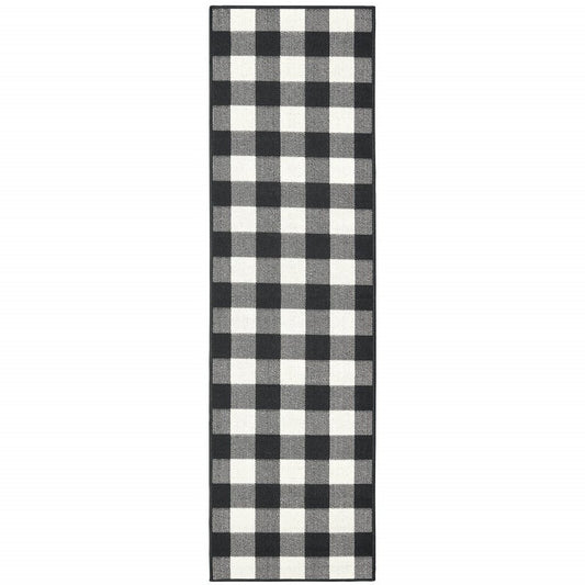 8' Black And Ivory Indoor Outdoor Runner Rug