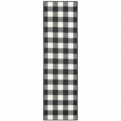 8' Black And Ivory Indoor Outdoor Runner Rug