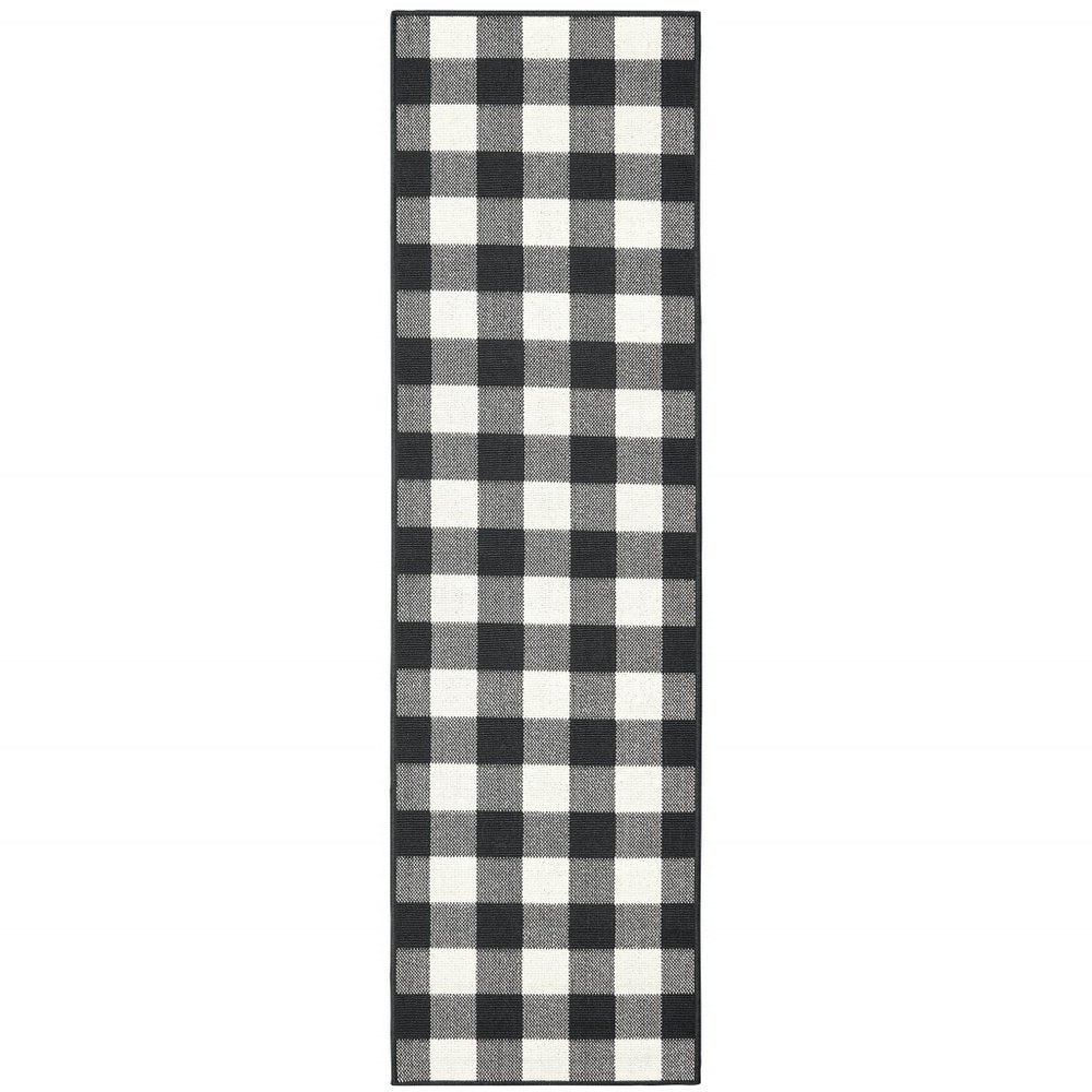 8' Black And Ivory Indoor Outdoor Runner Rug