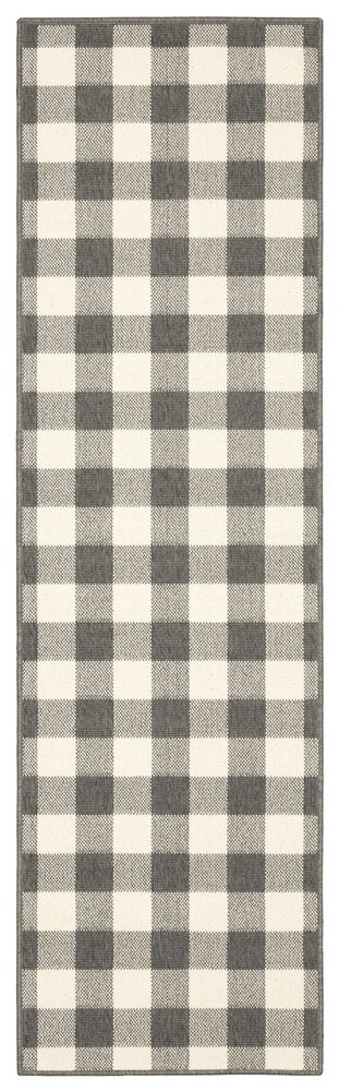 8' Gray And Ivory Round Gingham Indoor Outdoor Area Rug