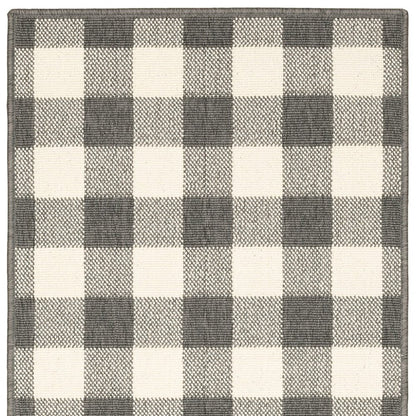 8' Gray And Ivory Round Gingham Indoor Outdoor Area Rug