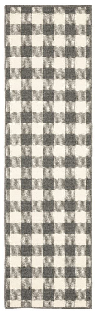 8' Gray And Ivory Round Gingham Indoor Outdoor Area Rug