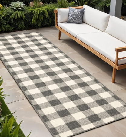 8' Gray And Ivory Indoor Outdoor Runner Rug