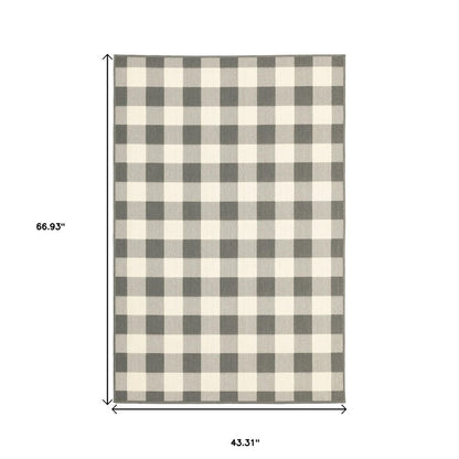 8' Gray And Ivory Round Gingham Indoor Outdoor Area Rug