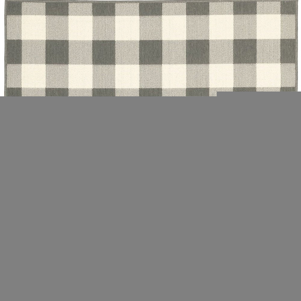 8' Gray And Ivory Round Gingham Indoor Outdoor Area Rug