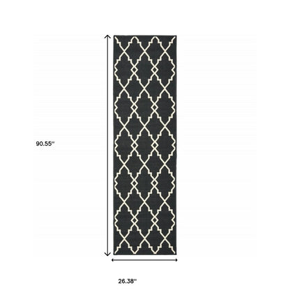 8' Black And Ivory Indoor Outdoor Runner Rug