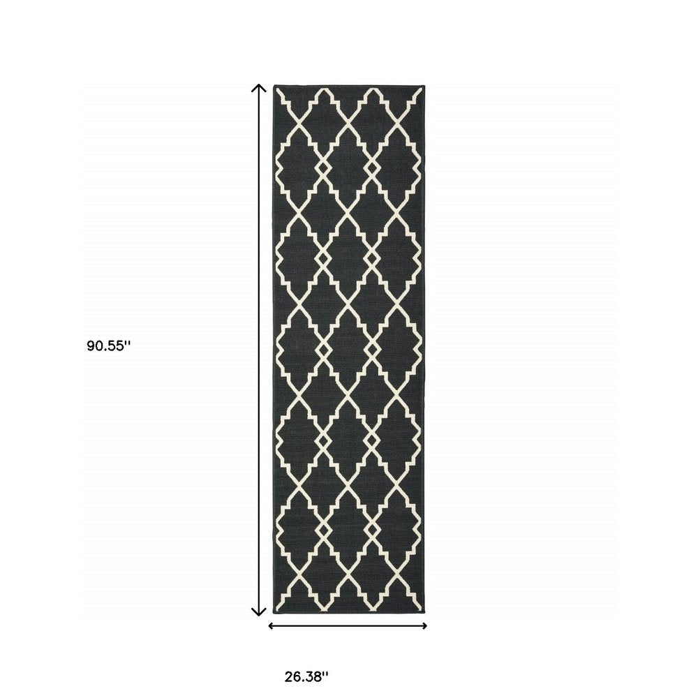 8' Black And Ivory Indoor Outdoor Runner Rug