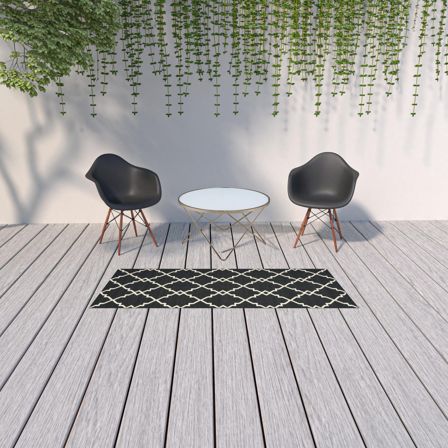 2' X 8' Black and Ivory Indoor Outdoor Area Rug