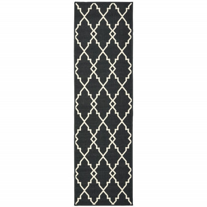 8' Black And Ivory Indoor Outdoor Runner Rug