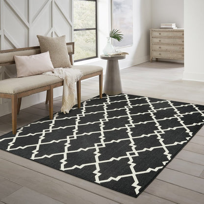 8' Black And Ivory Indoor Outdoor Runner Rug