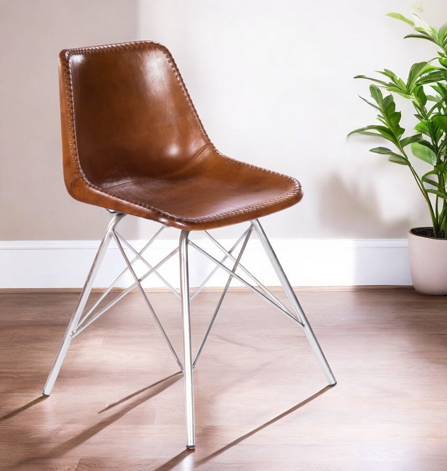 19" Brown And Silver Faux Leather Side Chair