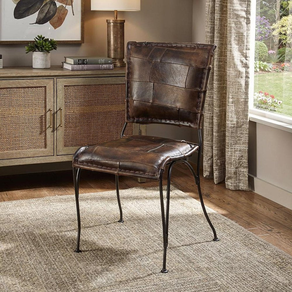 16" Brown Faux Leather Patchwork Side Chair