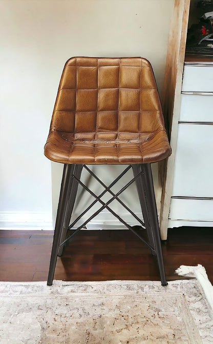 18" Brown Faux Leather Checkered Tufted Side Chair