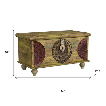 33" Brown and Green Wood Distressed Coffee Table