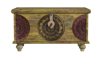 33" Brown and Green Wood Distressed Coffee Table