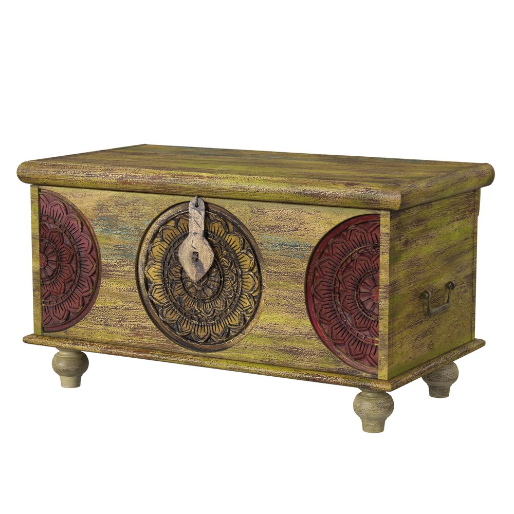 33" Brown and Green Wood Distressed Coffee Table