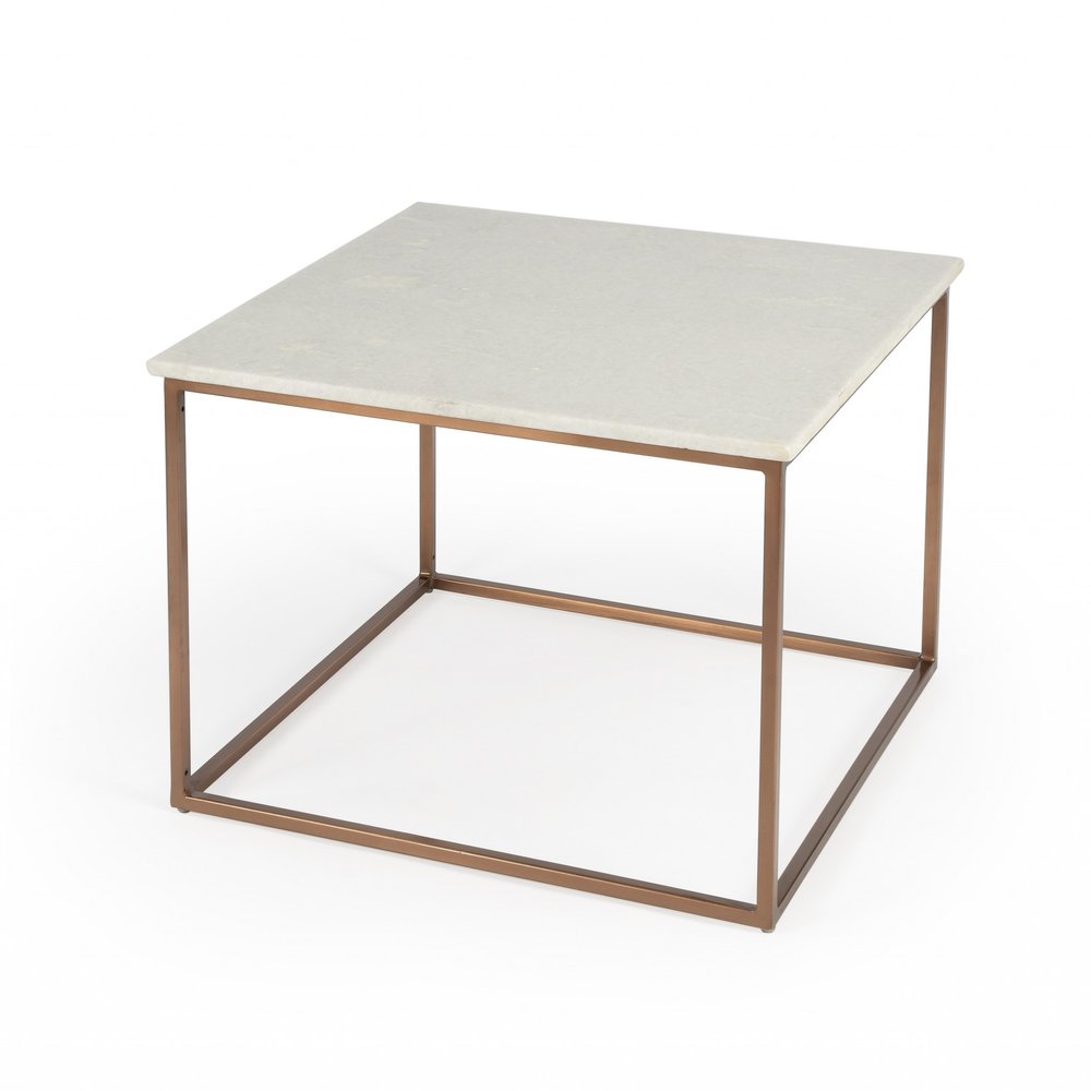 24" White and Copper Genuine Marble and Metal Square Coffee Table