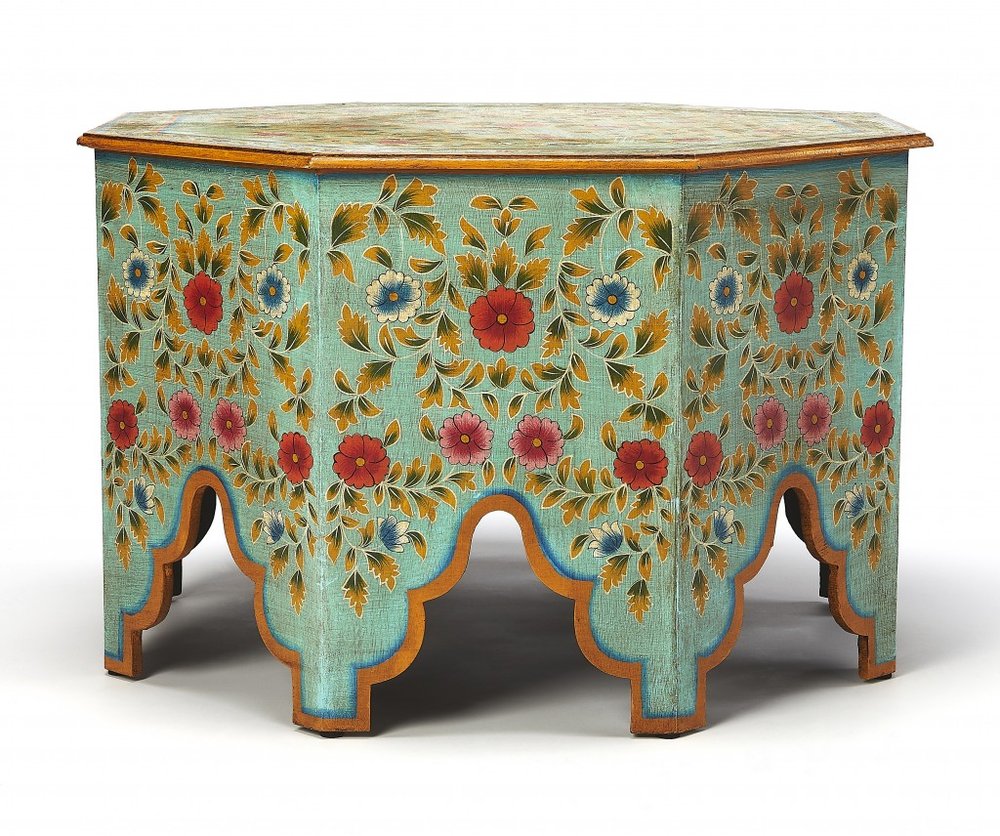 29" Green Wood Hexagon Abstract Floral Coffee Table