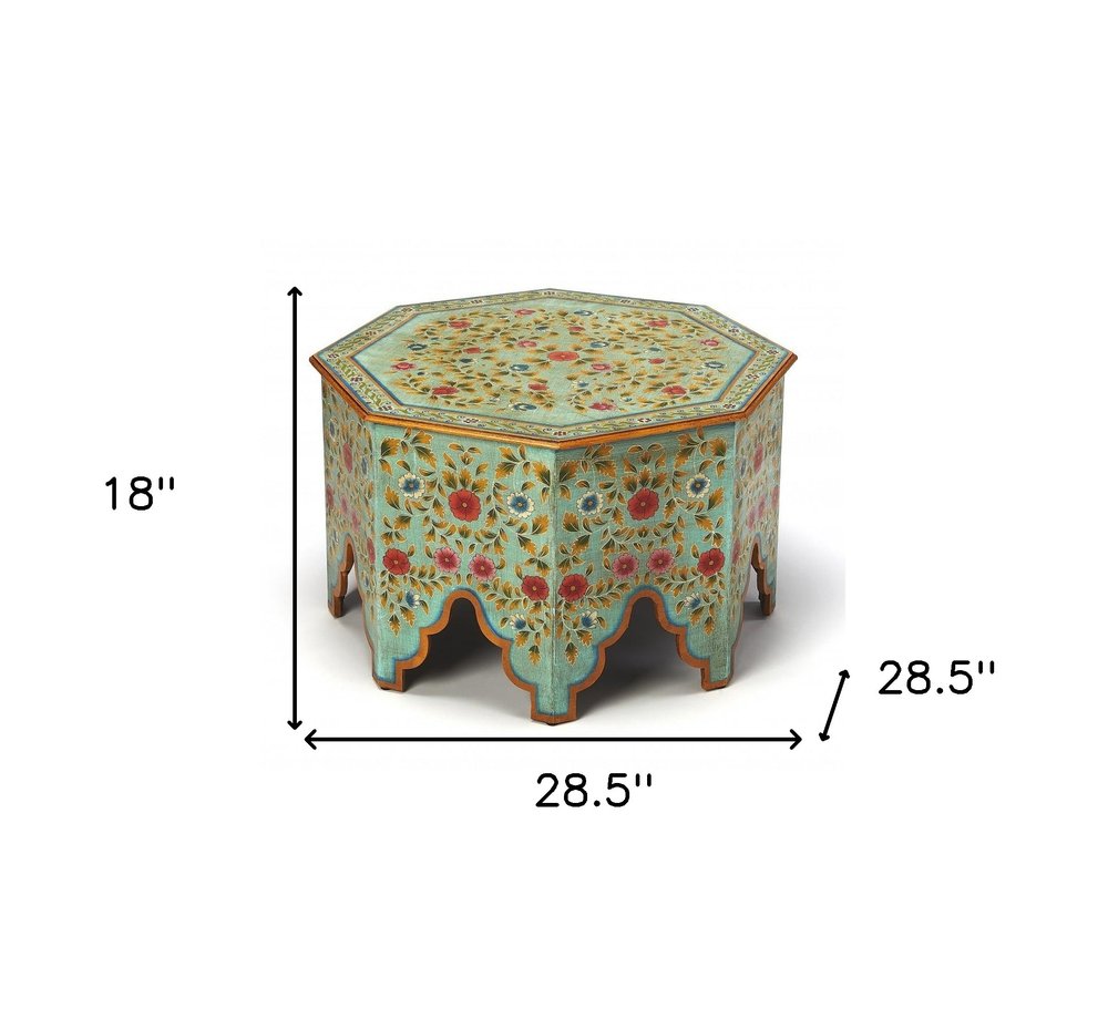 29" Green Wood Hexagon Abstract Floral Coffee Table