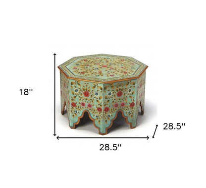 29" Green Wood Hexagon Abstract Floral Coffee Table
