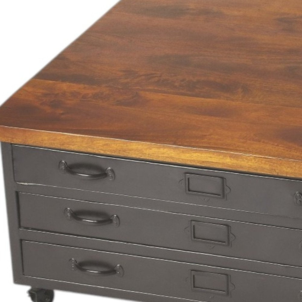 36" Brown and Gray Solid Wood and Metal Square Coffee Table With Three Drawers