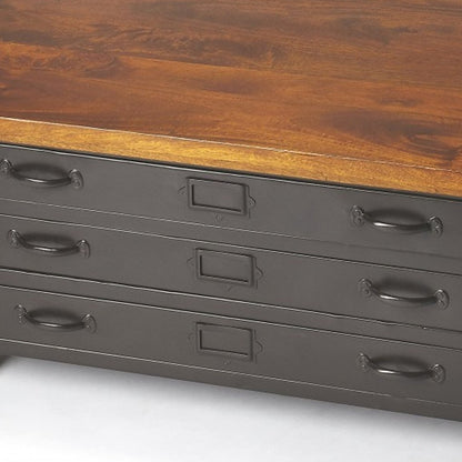 36" Brown and Gray Solid Wood and Metal Square Coffee Table With Three Drawers