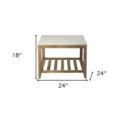 24" Off White and Brown Genuine Marble and Wood Square Coffee Table With Shelf