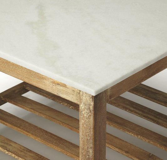 24" Off White and Brown Genuine Marble and Wood Square Coffee Table With Shelf