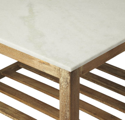 24" Off White and Brown Genuine Marble and Wood Square Coffee Table With Shelf