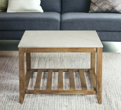 24" Off White and Brown Genuine Marble and Wood Square Coffee Table With Shelf