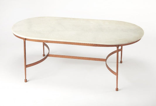 47" White and Copper Genuine Marble and Metal Oval Coffee Table