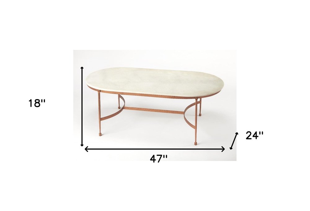 47" White and Copper Genuine Marble and Metal Oval Coffee Table