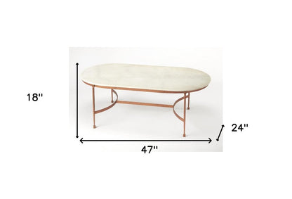 47" White and Copper Genuine Marble and Metal Oval Coffee Table