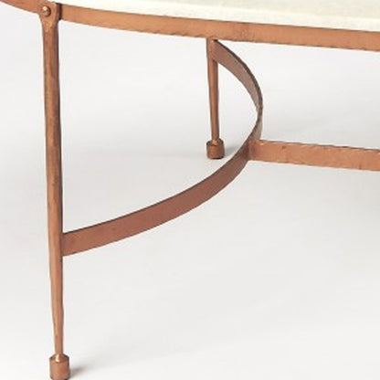 47" White and Copper Genuine Marble and Metal Oval Coffee Table
