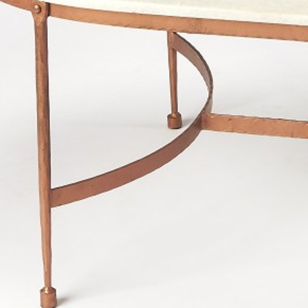 47" White and Copper Genuine Marble and Metal Oval Coffee Table
