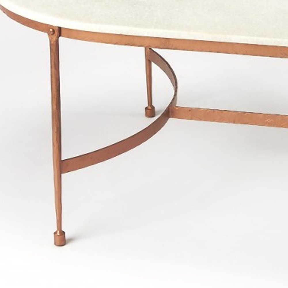 47" White and Copper Genuine Marble and Metal Oval Coffee Table